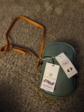 Divina Firenze Green Pebbled Leather Crossbody with Tan Strap